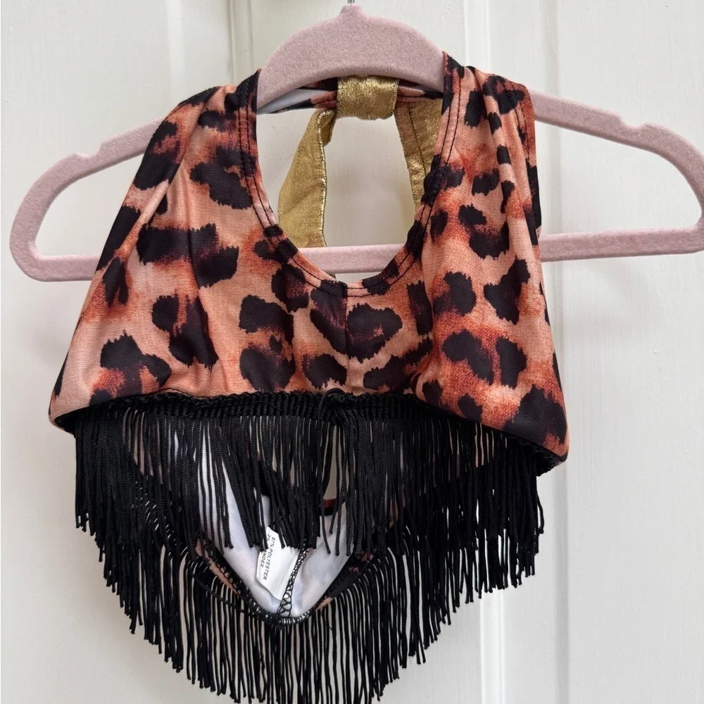 NWOT 2T Girls Leopard Fringe Bikini Bathing suit Top